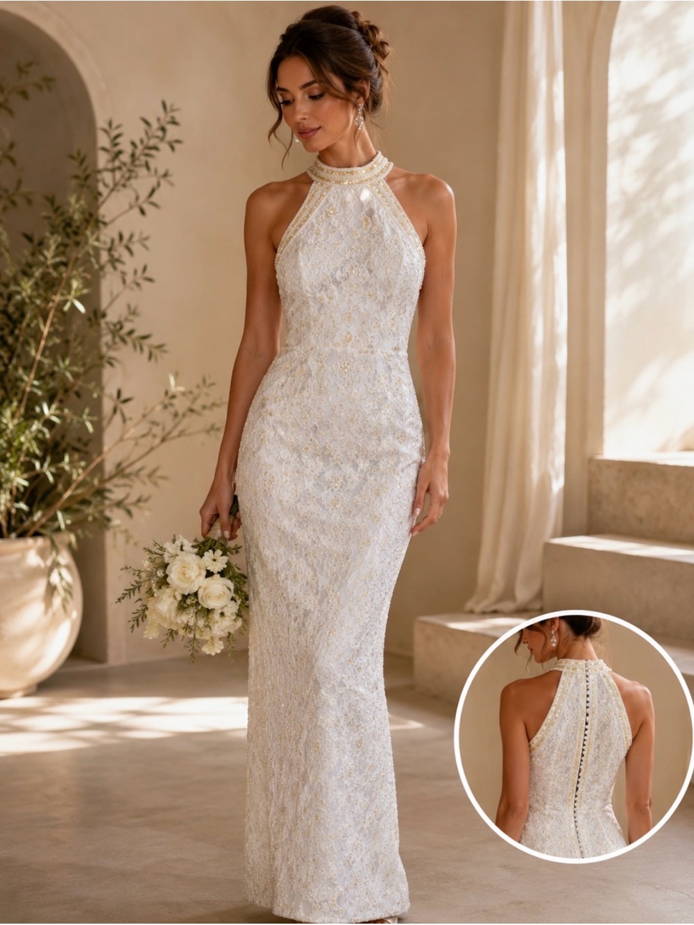 Elegant white sequin and embroidered wedding dress with yellow accents
